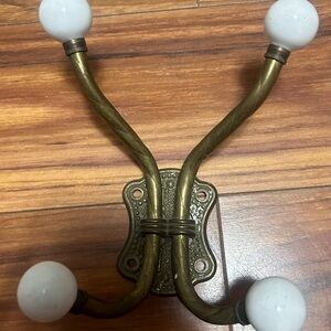 Vintage Hollywood Brass and White Porcelain Coat Towel Hanger Hook Hardware